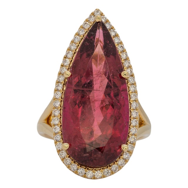 12.9Ct Rubellite Tourmaline Ring With Earth Mined Diamonds Halo: Solid 14k Gold, Size 6.75 For Sale