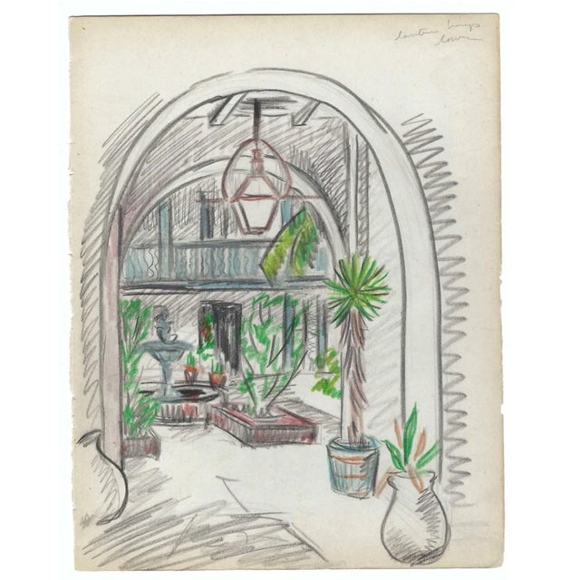 Mid-Century Modern 1940s Grace Spongberg Bosque House Courtyard New Orleans Drawing For Sale - Image 3 of 4