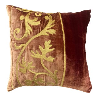 Zuber Gold Embroidery on Aged Red Velvet Down Pillow -1 For Sale