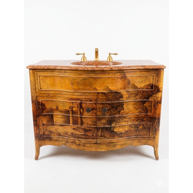 This item was salvaged from an estate in Atherton, CA. The Cabinetry & Artwork Style: The base cabinet is a bombe chest...