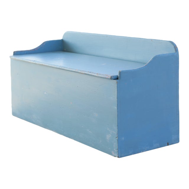 Vintage Toy Chest / Solid Wood Storage Bench in Dusty Blue Chippy Paint For Sale
