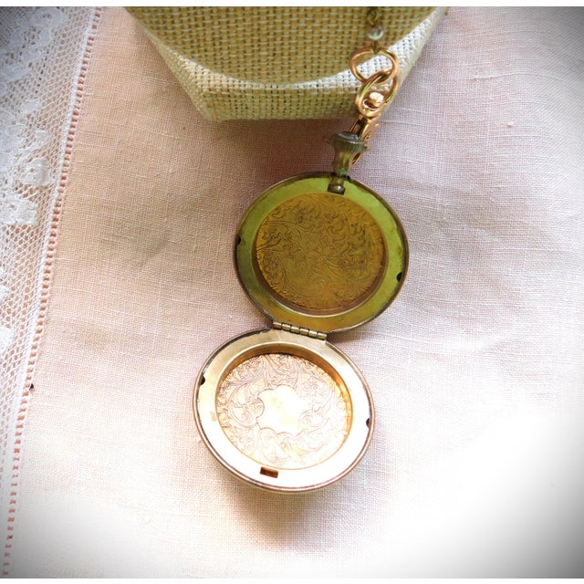 Victorian Vintage Victorian Gold Pocket Watch Locket, Green Cameo Woman, Long Art Glass Chain For Sale - Image 3 of 16