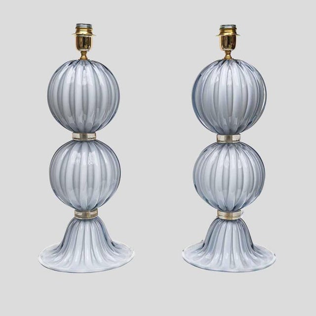 Light Pale Blue-Grey Blown Murano Glass Table Lamps, 1980s, Set of 2 For Sale - Image 12 of 12