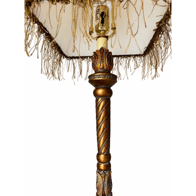 Ornate Gold-Tone Barley-Twist Buffet Lamp With Fringed Shade For Sale - Image 9 of 11