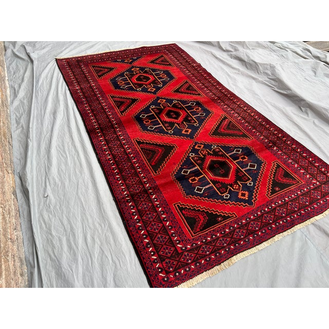 Vintage Afghan Baluchi Red Rug With Geometric Diamond Design and Soft Wool Pile Rug For Sale - Image 9 of 11