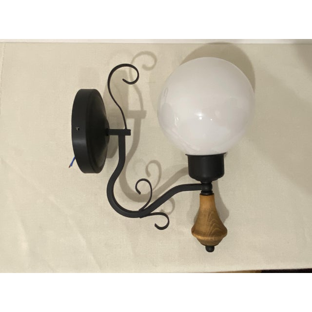 Vintage Opal Glass Globe Wall Lamp with Wood Detail, Europe, 1970s For Sale - Image 9 of 16