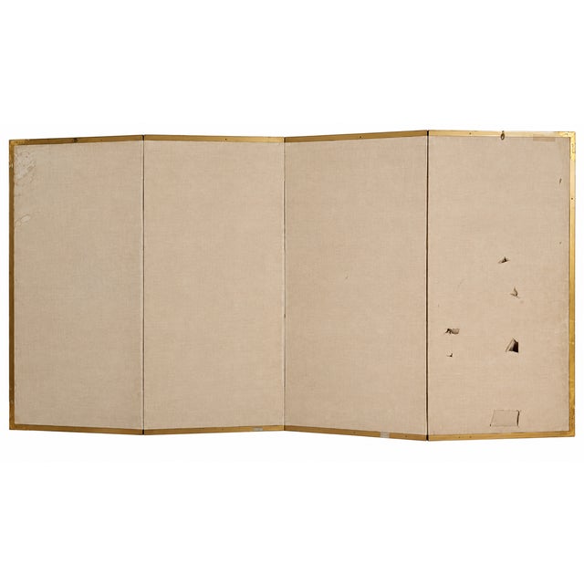 Gold 1970s Signed Asian Four-Panel Painted Landscape Folding Screen With Cranes and Pine Trees For Sale - Image 8 of 18