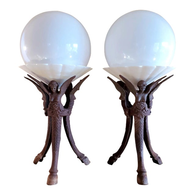 Antique French Pair of Cast Iron Alabaster Globe Table Lamps Featuring Three Sculptural Angels With Wings and Hooves For Sale