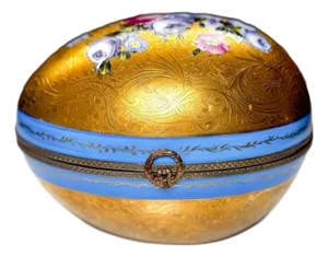 Large Limoges Egg Trinket Box: Hand-Painted Floral Porcelain, Gold & Cobalt