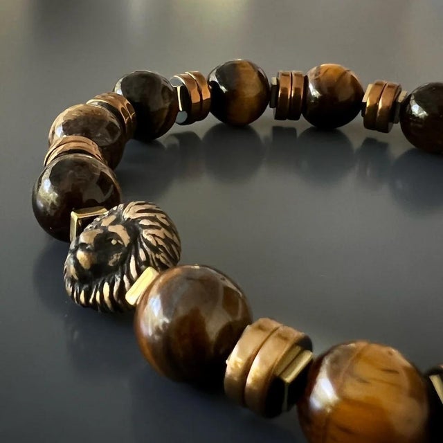 Lion Tiger Eye Men Beaded Bracelet For Sale - Image 4 of 7
