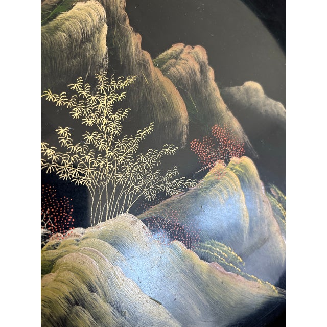 1950s 1960s Vintage Hand-Painted Lacquer on Wood Chinoiserie Landscape Tray For Sale - Image 5 of 11