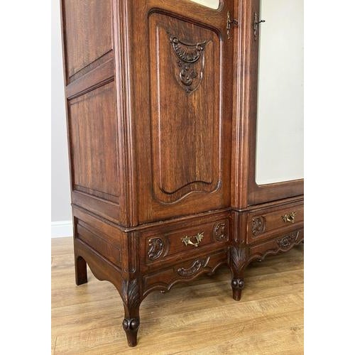 Wood Antique French Rocaille Carved Oak 3-Door Armoire with Mirror For Sale - Image 7 of 14
