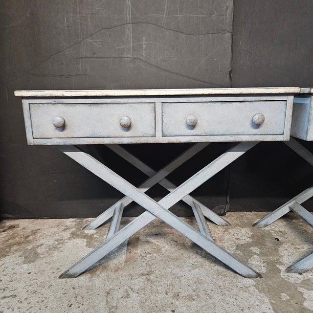 Mid 20th Century Pair of Blue Painted Single Drawer X Frame Side Tables With Blue Accent Line on Top For Sale - Image 11 of 15