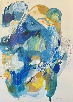 Original Abstract Watercolor Drawing in Blues Greens and Gold Titled Gold Rush