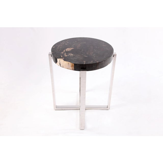 Contemporary Round Petrified Wood Top W Stainless Steel Stand Accent Table or Side Table 65 For Sale - Image 3 of 5