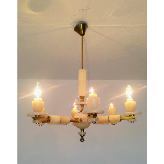 Stone 1980s Italian Onyx Brass Vintage Marble Chandelier Lighting Ceiling Fixture Light 6 Arms For Sale - Image 7 of 15