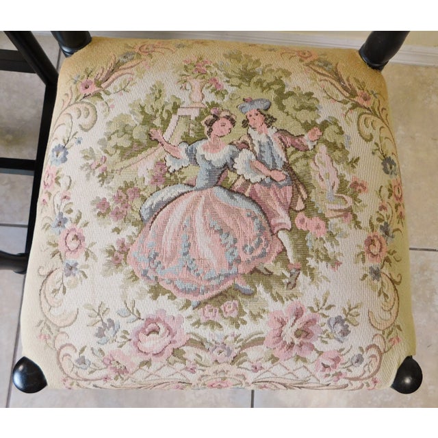 Pair Vintage Ladderback Chairs - Courting Couple Tapestry Seats For Sale - Image 9 of 11