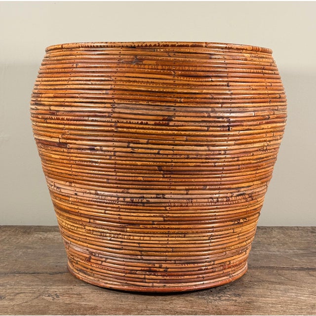 Hollywood Regency Large Vintage Pencil Reed Floor Planter Cache Pot For Sale - Image 3 of 9