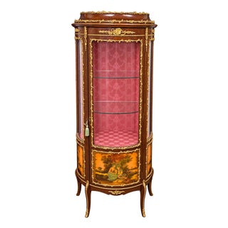 Antique French Louis XVI-Style Vitrine Cabinet With Gilt Ormolu Mounts & Painted Panels For Sale