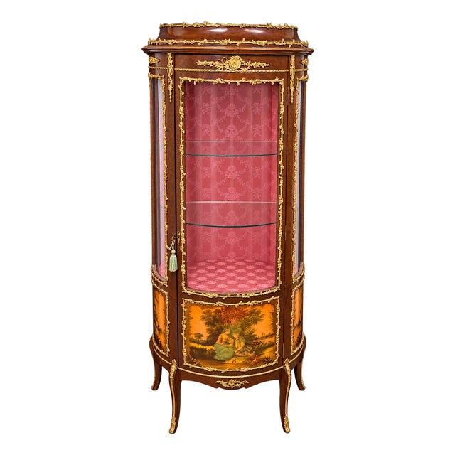 Antique French Louis XVI-Style Vitrine Cabinet With Gilt Ormolu Mounts & Painted Panels For Sale