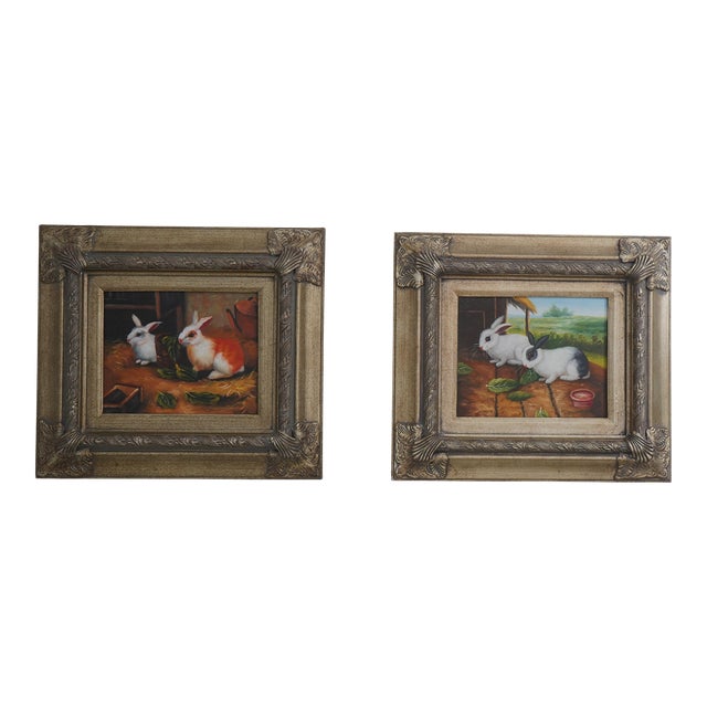 Pair Frame Bunny Oil Painting on Board For Sale