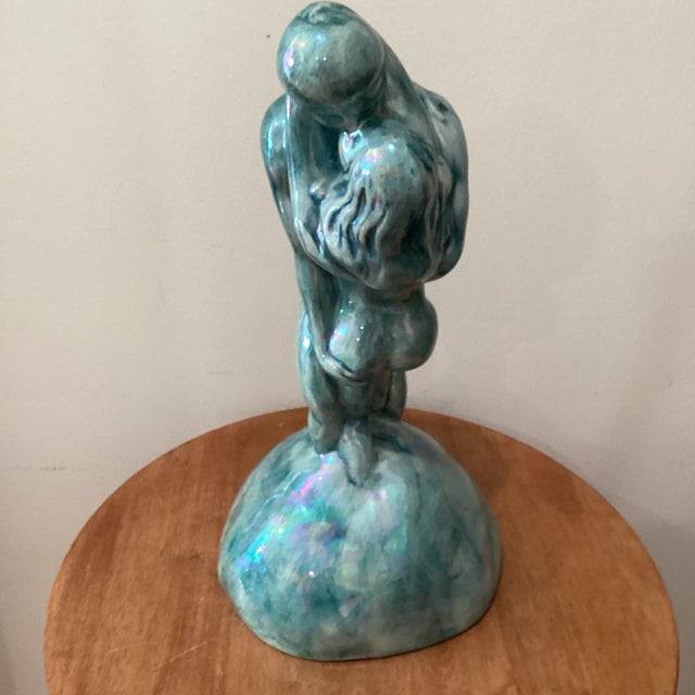Vintage Art Deco Inspired Ceramic Iridescent Glazed Sculpture" Embracing Couple" Signed Dated For Sale - Image 9 of 12