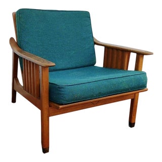 Mid-Century Walnut Spindle Back Lounger Chair by Stanley Teal Blue Cushions For Sale