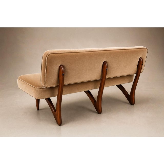 Brazilian Modern Sofa in Imbuia Wood and Champagne Camel Mohair, Cimo, Brazil, 1950s For Sale - Image 13 of 18