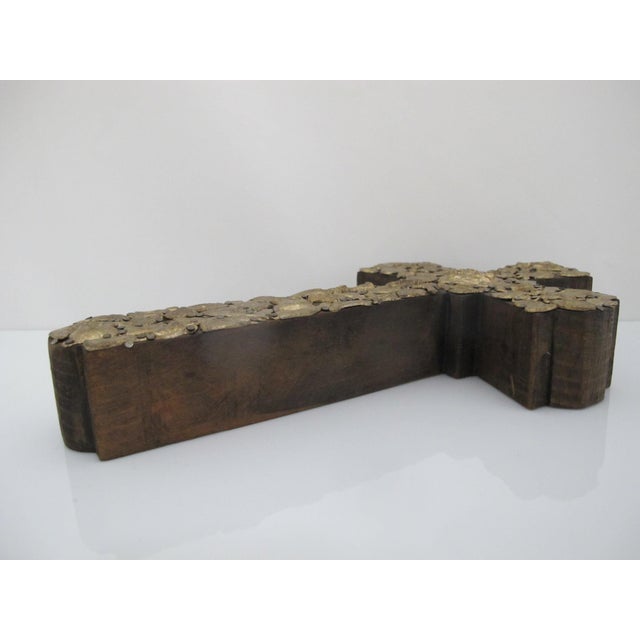 Mid 20th Century Mexican Folk Art Milagros Wood Cross Nailed Metal Brass Charm Wall Hanging For Sale - Image 5 of 9