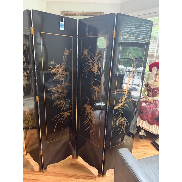 Vintage Chinese Black Lacquer 4-Panel Folding Screen Room Divider - Soapstone & Mother-of-Pearl Inlay For Sale - Image 13 of 18