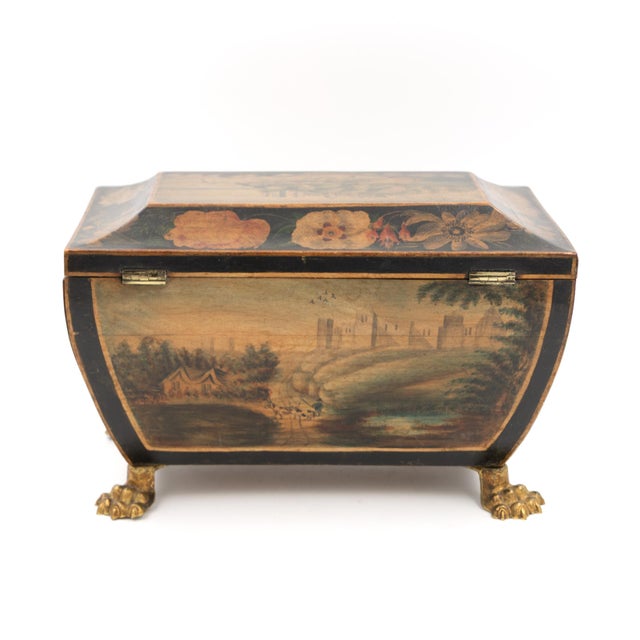 Early 19th Century Regency Painted and Penwork Bombe Box on Gilt Lion Paw Feet, English, Circa 1820 For Sale - Image 5 of 12