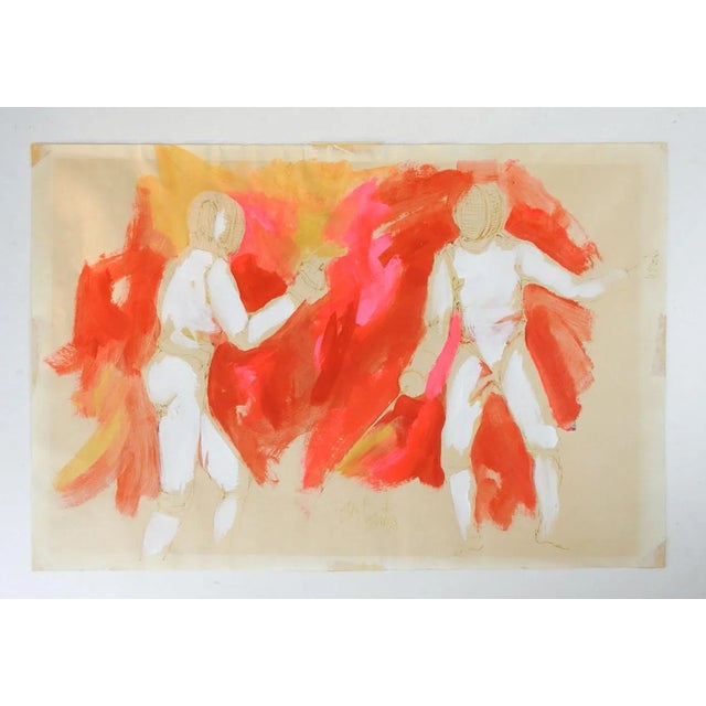 Vintage mid 20th century gouache on paper painting of fencers fencing by Jacqui Von Honts (1936-2011) Texas. Signed...