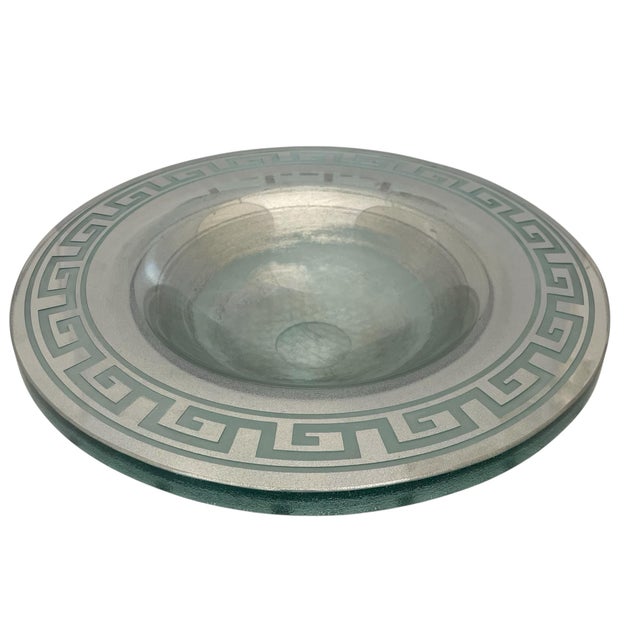 Mid-Century Modern Stephen Schlanser 16'' Diameter Silver Glass Bowl Centerpiece Greek Key. Signed For Sale - Image 3 of 10