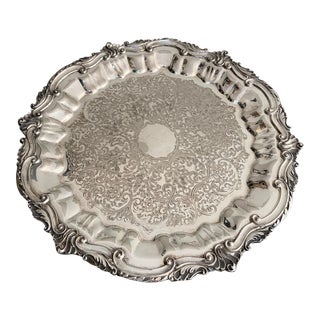 Vintage Baroque Shell & Scroll Silver Plate Footed Tray For Sale