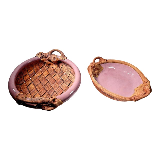 Set of Two 1980s Handmade Pottery Basket With Leaves by Terrafirma Studio For Sale
