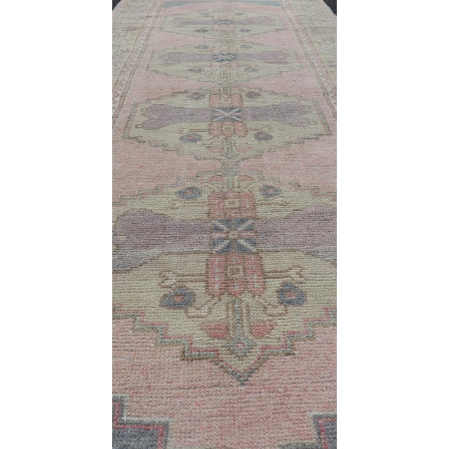 Tribal Turkish Vintage Oushak Runner With Medallion's in Pink, Gray, and Light Yellow 2'11 X 8'9 For Sale - Image 3 of 9