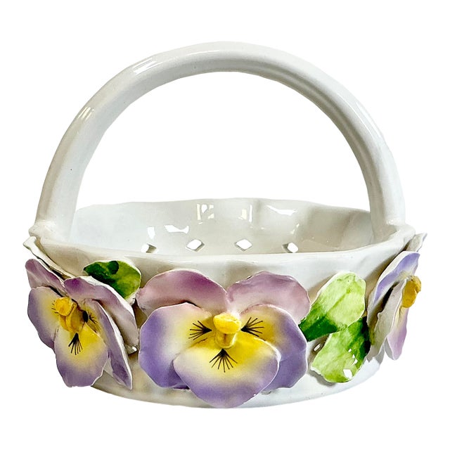 1980s Vintage Coastal Knife-Cut Ceramic Pansy Candy Dish With Handle For Sale