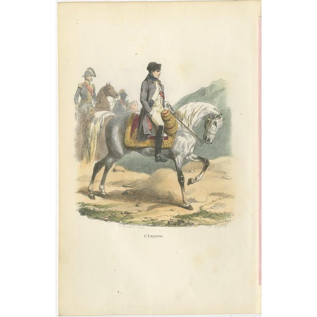 Napoleon Bonaparte on Horseback, L’Empereur – French Hand-Colored Print, 1843 This striking 19th-century hand-colored...