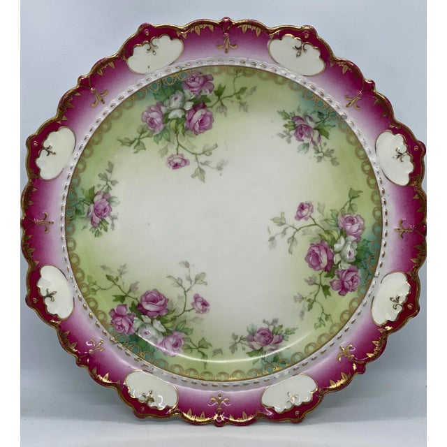 Arts & Crafts 1884-1909 Moritz Zdekauer M Z Austria Pink Roses Design Porcelain Plate For Sale - Image 3 of 13