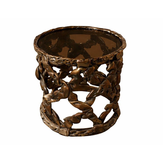 Attributed to Tony Duquette Pair of Ribbon Drum End Tables Gold Leaf Bronze Glass. u.s.a. 1970's. For Sale In Los Angeles - Image 6 of 8