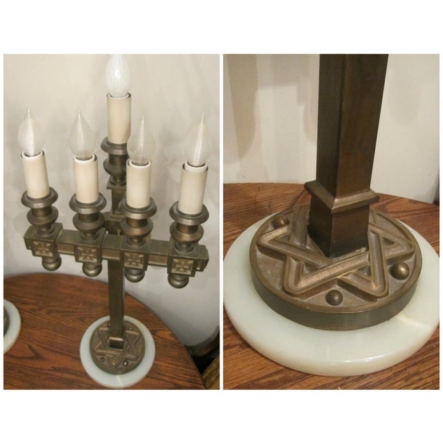 1940s Pair of 2 Gigantic Solid Bronze Marble Catholic Church Electric Table Lamp Brass For Sale - Image 10 of 12