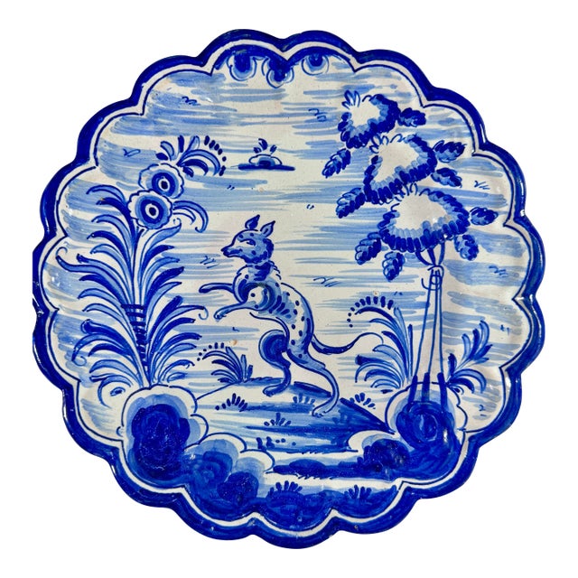 Vintage Spanish Talavera Style Blue & White Wall Plate, Signed “Saso,” Mid-20th Century For Sale