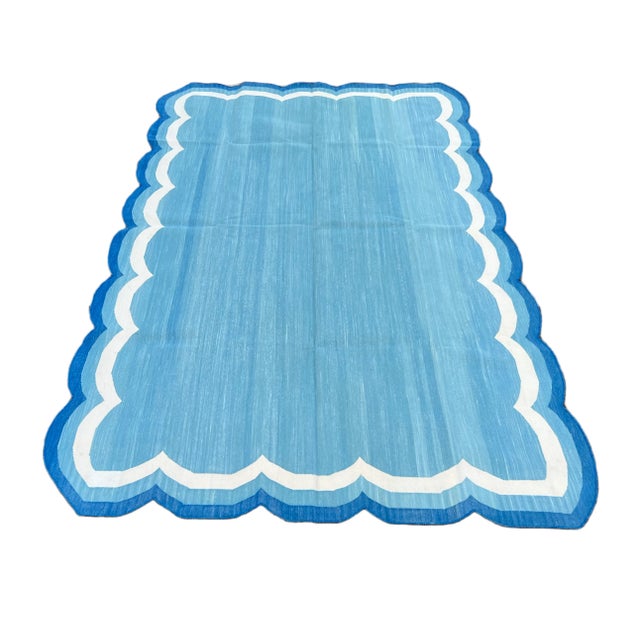 Handmade Cotton Area Scalloped Rug Tiffany Blue, Cream and Indigo Blue Border Dhurrie - 10'x14' For Sale - Image 9 of 11