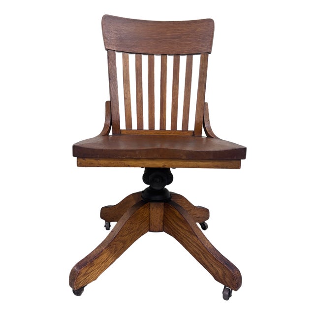 Antique Arts & Crafts Mission Style Quarter Sawn Tiger Oak Swivel Desk Chair For Sale