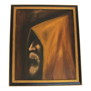 Vintage Framed Moody Portrait Painting of a Hooded Monk For Sale