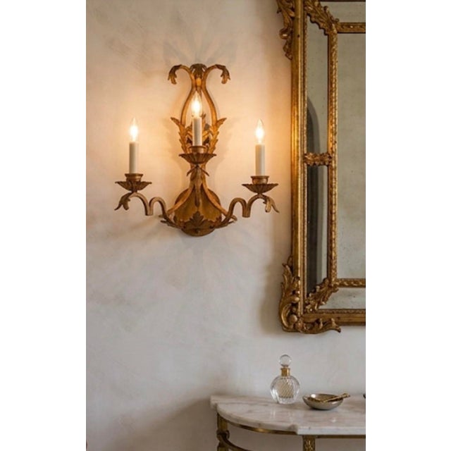 Pair of Vintage Hollywood Regency Gilt Metal 3-Light Sconces For Sale - Image 11 of 12