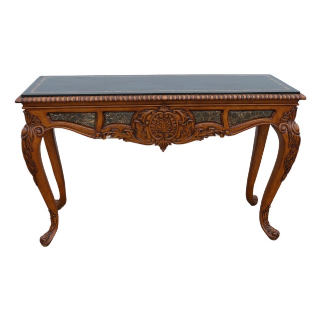 1990s Tessellated Marble Banded and Carved Walnut Console Table For Sale