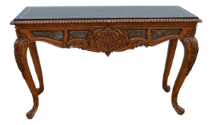 1990s Tessellated Marble Banded and Carved Walnut Console Table