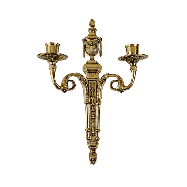 French Neoclassical Style Bronze/Brass Two-Arm Wall Sconces Set of 2. This is an exceptional pair of Louis XVI...