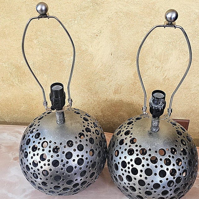 Pair of Pierced Pewter Globe Table Lamps With Shades For Sale - Image 14 of 18